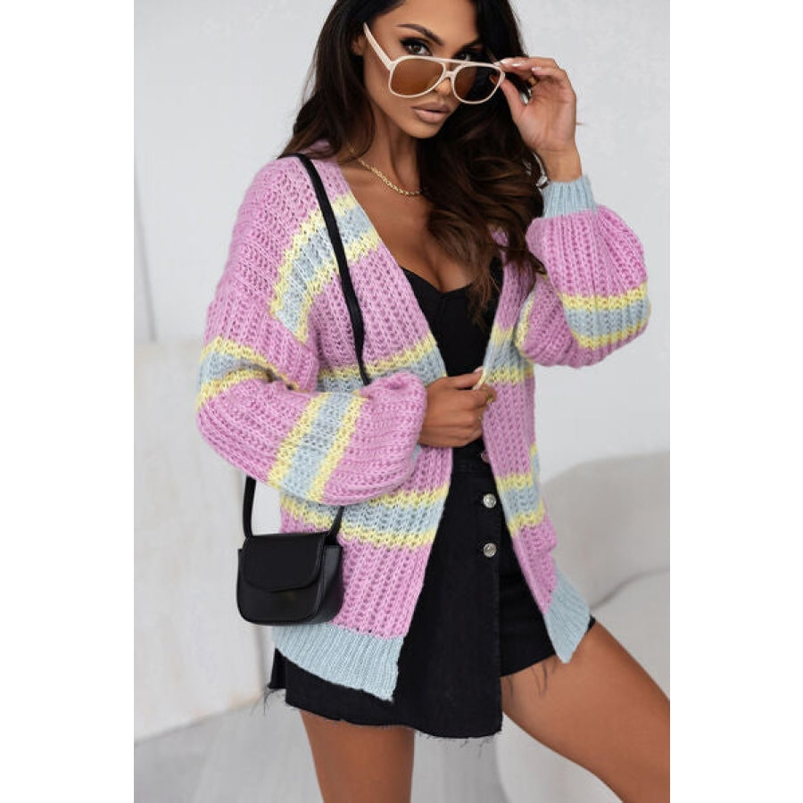 Striped Lantern Sleeve Dropped Shoulder Cardigan Lavender / S Clothing