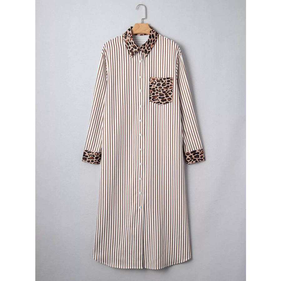 Striped Leopard Print Button Up Shirt Dress Apparel and Accessories