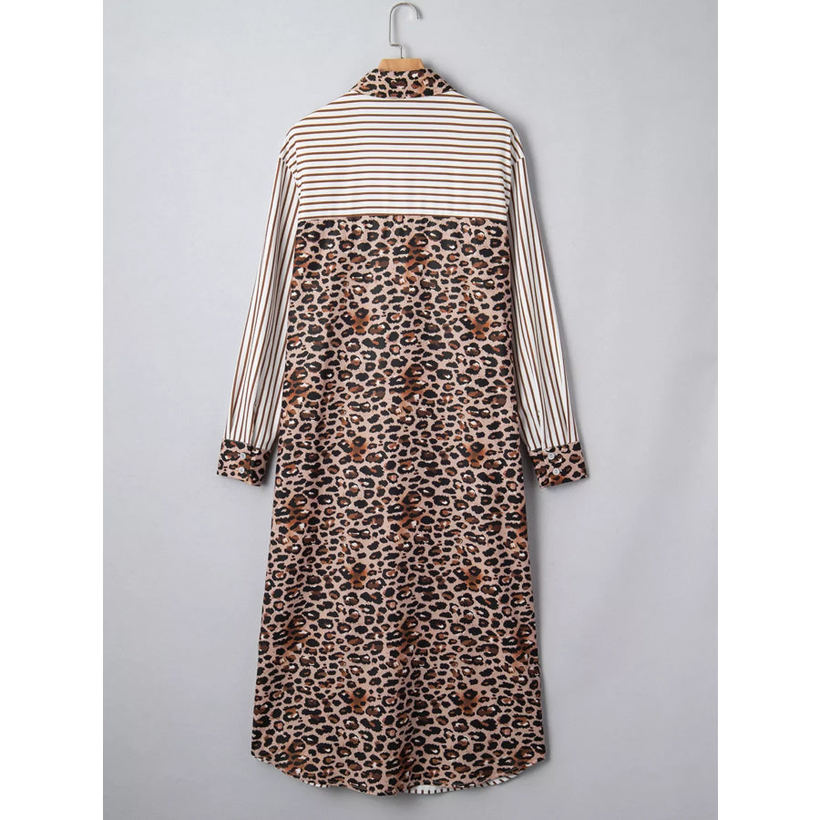 Striped Leopard Print Button Up Shirt Dress Apparel and Accessories