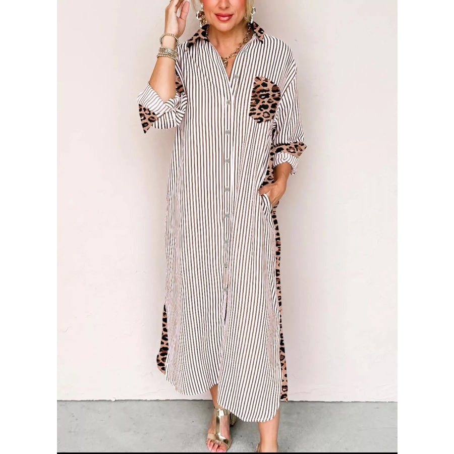 Striped Leopard Print Button Up Shirt Dress Apparel and Accessories