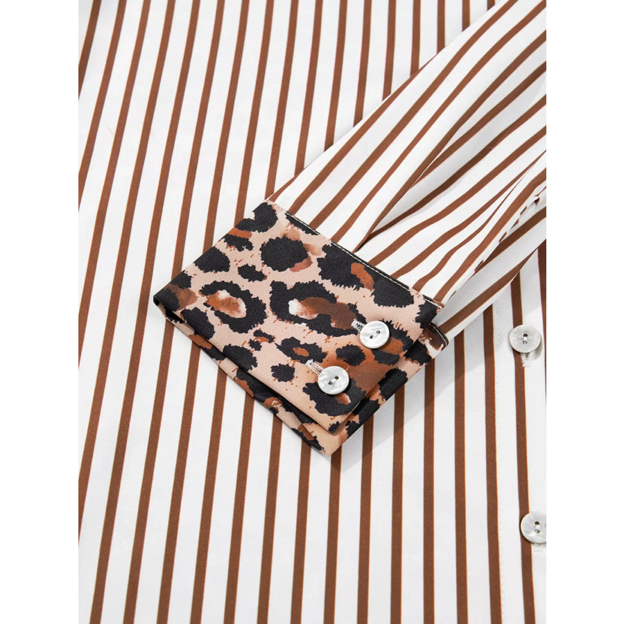 Striped Leopard Print Button Up Shirt Dress Apparel and Accessories
