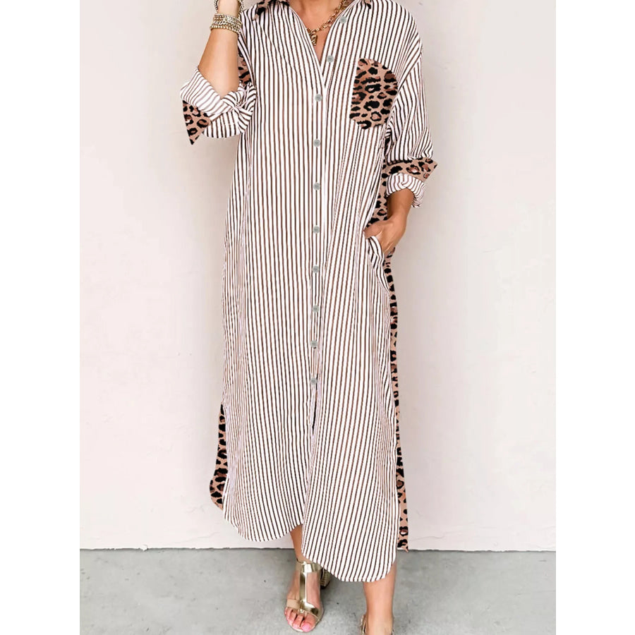 Striped Leopard Print Button Up Shirt Dress Apparel and Accessories