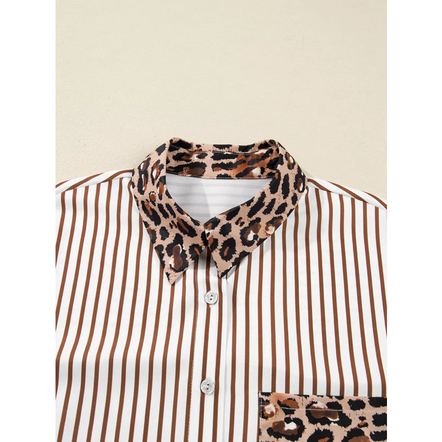 Striped Leopard Print Button Up Shirt Dress Apparel and Accessories