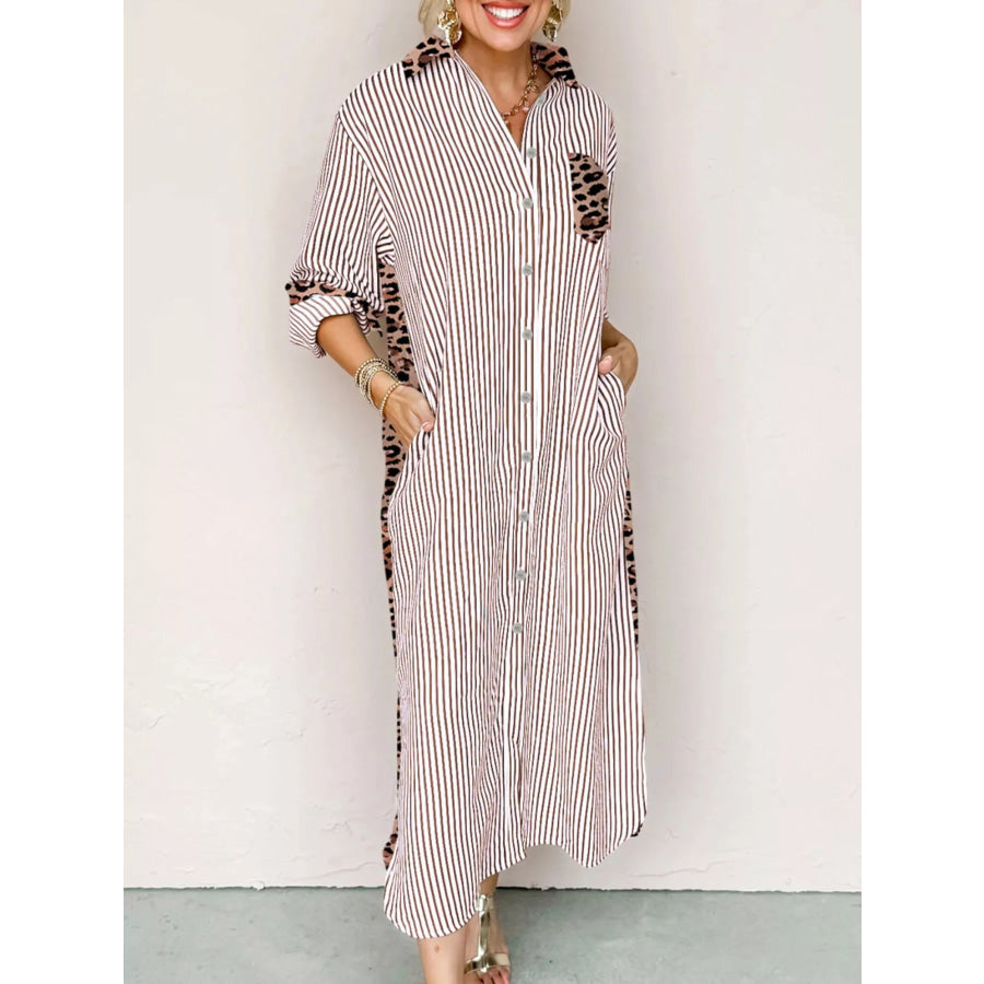 Striped Leopard Print Button Up Shirt Dress Apparel and Accessories