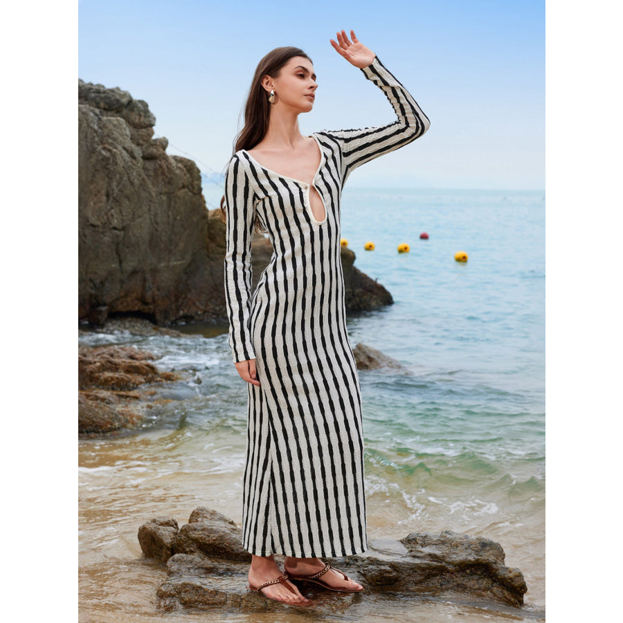 Striped Long Sleeve Beach Cover-Up Dress Apparel and Accessories