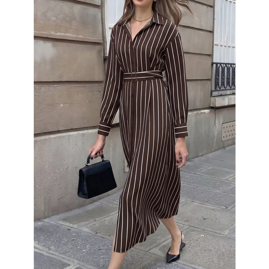 Striped Long Sleeve Belted Shirt Dress Apparel and Accessories