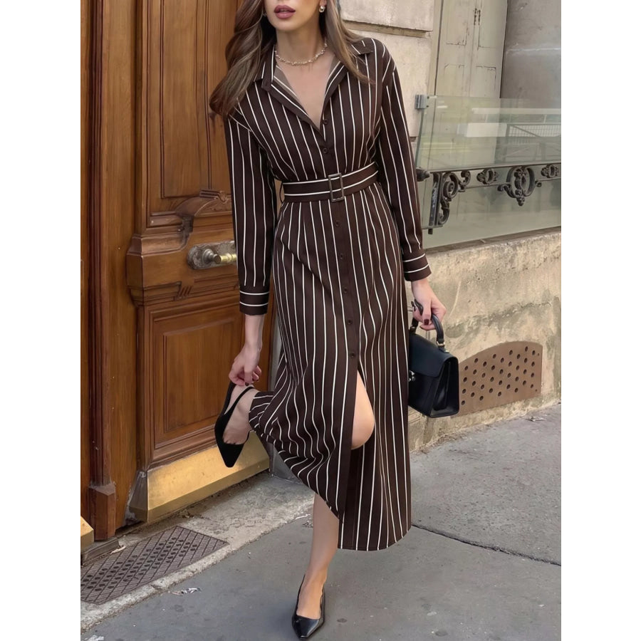 Striped Long Sleeve Belted Shirt Dress Apparel and Accessories