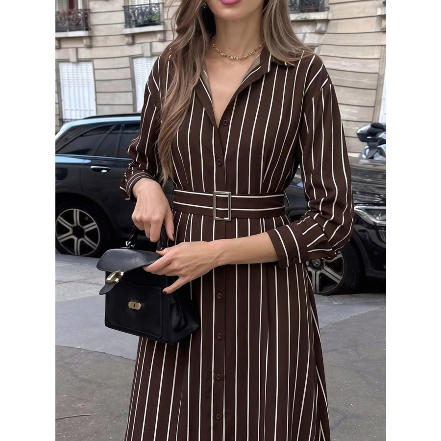 Striped Long Sleeve Belted Shirt Dress Apparel and Accessories