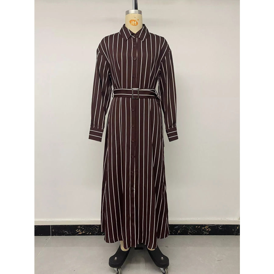 Striped Long Sleeve Belted Shirt Dress Apparel and Accessories