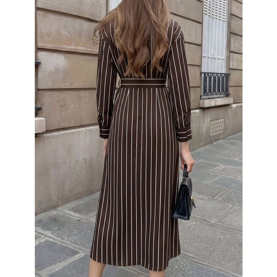 Striped Long Sleeve Belted Shirt Dress Apparel and Accessories