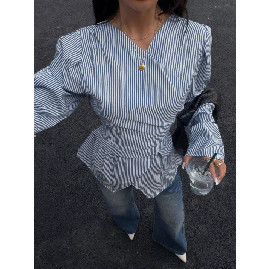 Striped Long Sleeve Blouse Dusty Blue / S Apparel and Accessories