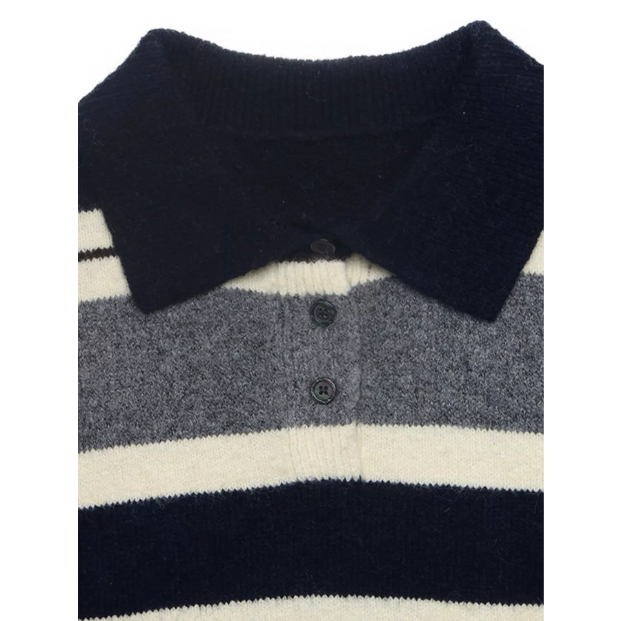 Striped Long Sleeve Button Detail Sweater Apparel and Accessories