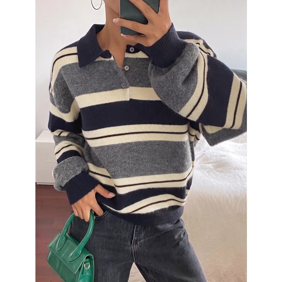 Striped Long Sleeve Button Detail Sweater Apparel and Accessories