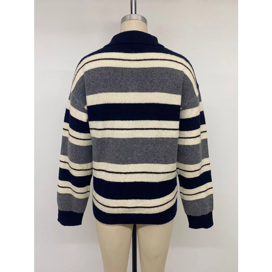 Striped Long Sleeve Button Detail Sweater Apparel and Accessories