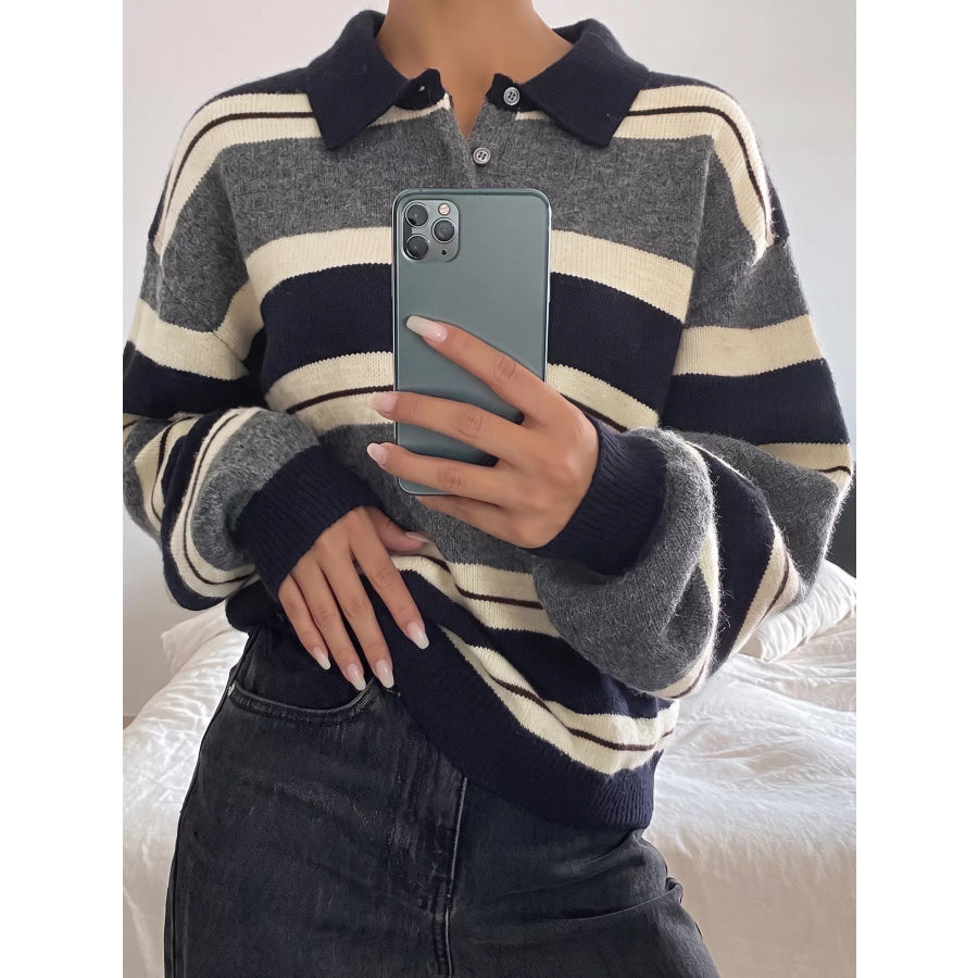Striped Long Sleeve Button Detail Sweater Apparel and Accessories