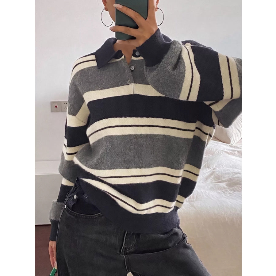 Striped Long Sleeve Button Detail Sweater Apparel and Accessories