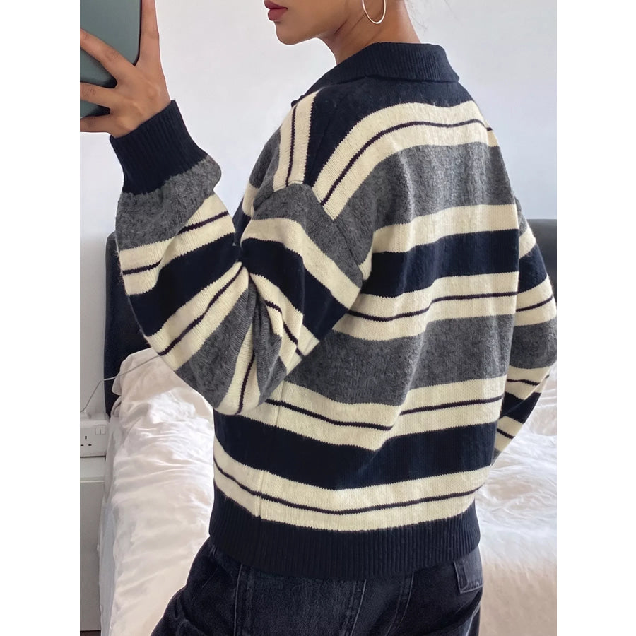 Striped Long Sleeve Button Detail Sweater Apparel and Accessories