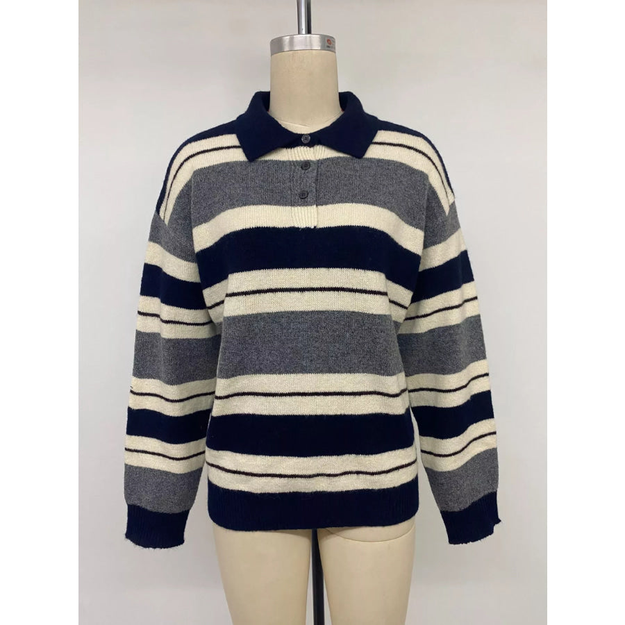 Striped Long Sleeve Button Detail Sweater Apparel and Accessories