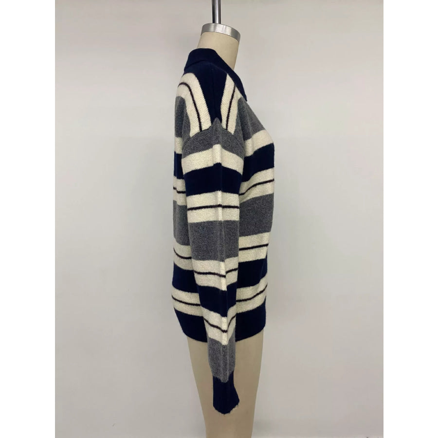 Striped Long Sleeve Button Detail Sweater Apparel and Accessories