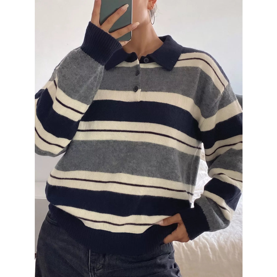 Striped Long Sleeve Button Detail Sweater Dark Blue / S Apparel and Accessories