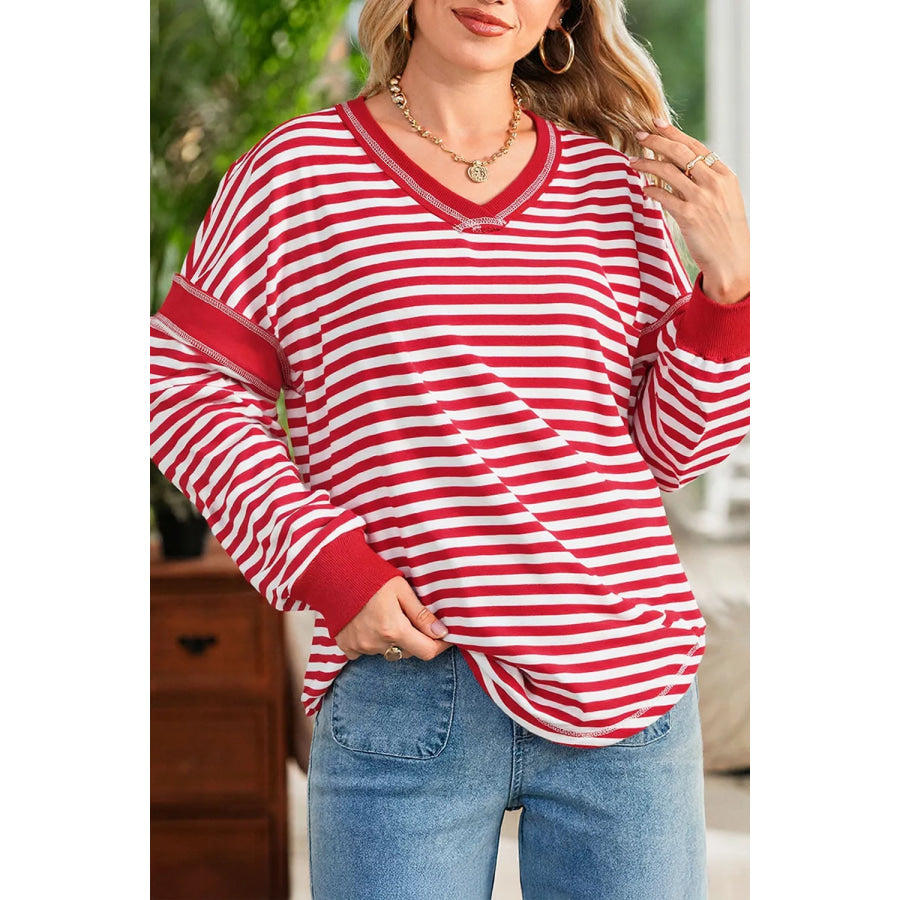 Striped Long Sleeve Casual Sweatshirt Deep Red / S Apparel and Accessories