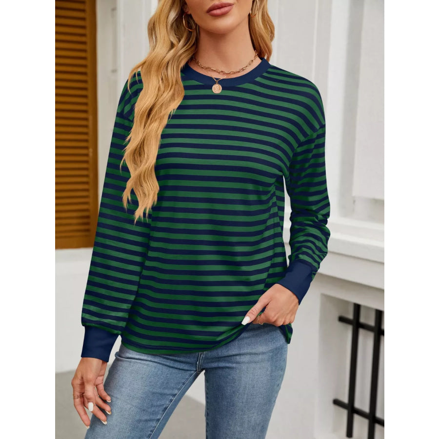Striped Long Sleeve Casual T-Shirt Black Forest / S Apparel and Accessories