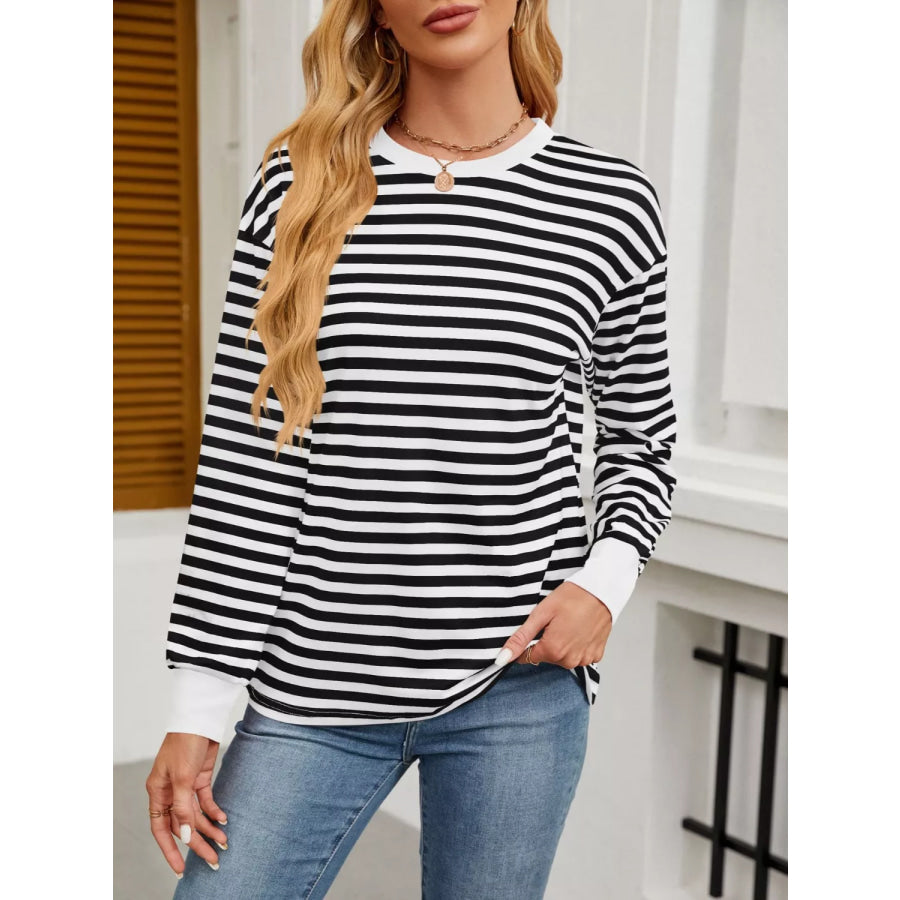 Striped Long Sleeve Casual T-Shirt Black / S Apparel and Accessories