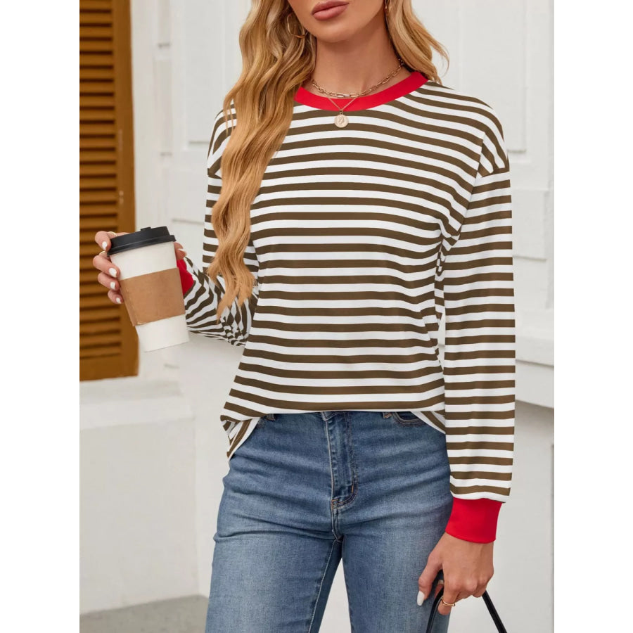 Striped Long Sleeve Casual T-Shirt Brown / S Apparel and Accessories