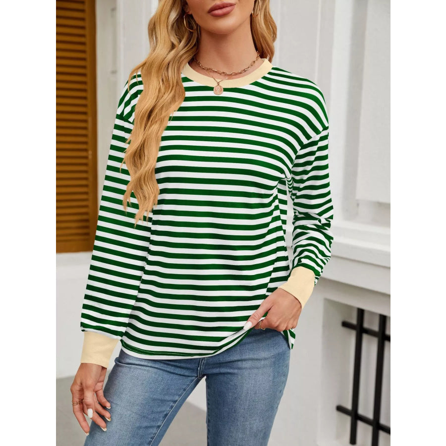 Striped Long Sleeve Casual T-Shirt Dark Green / S Apparel and Accessories
