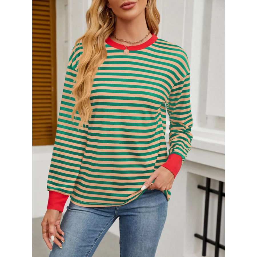 Striped Long Sleeve Casual T-Shirt Green / S Apparel and Accessories