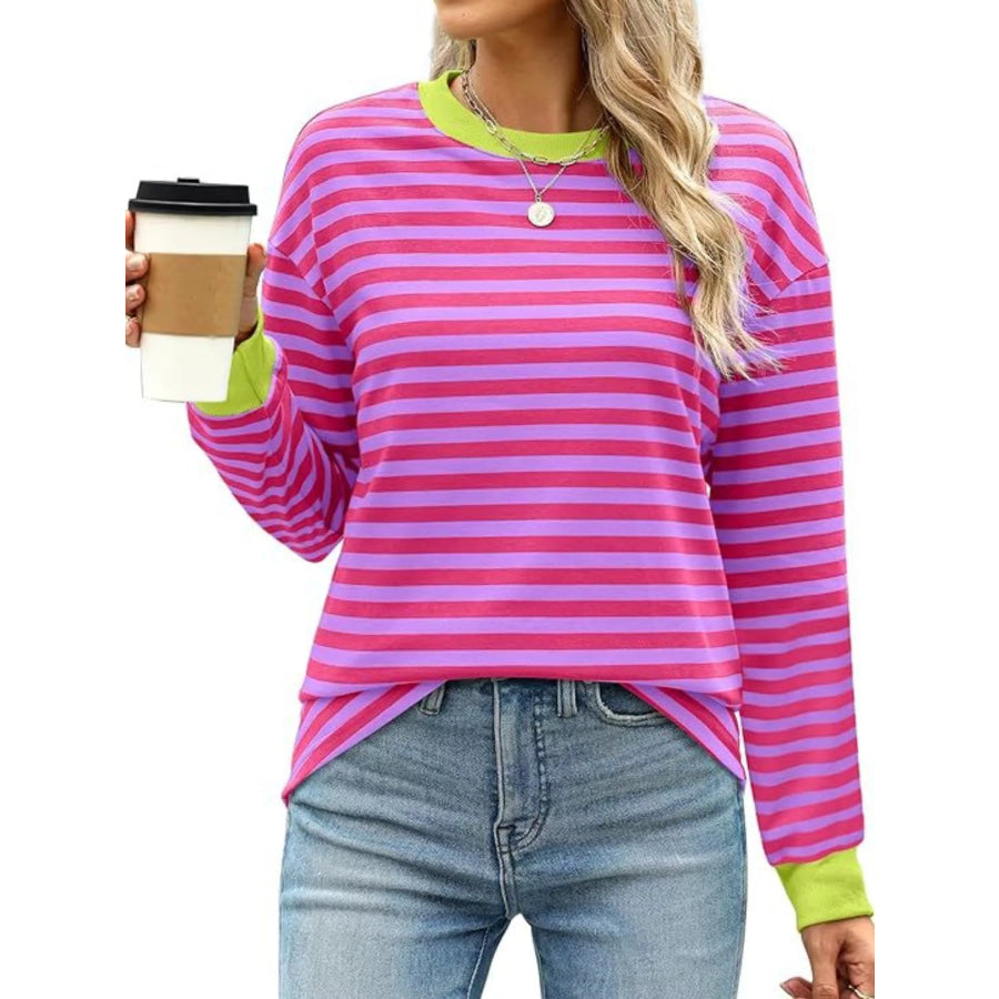 Striped Long Sleeve Casual T-Shirt Heliotrope Purple / S Apparel and Accessories