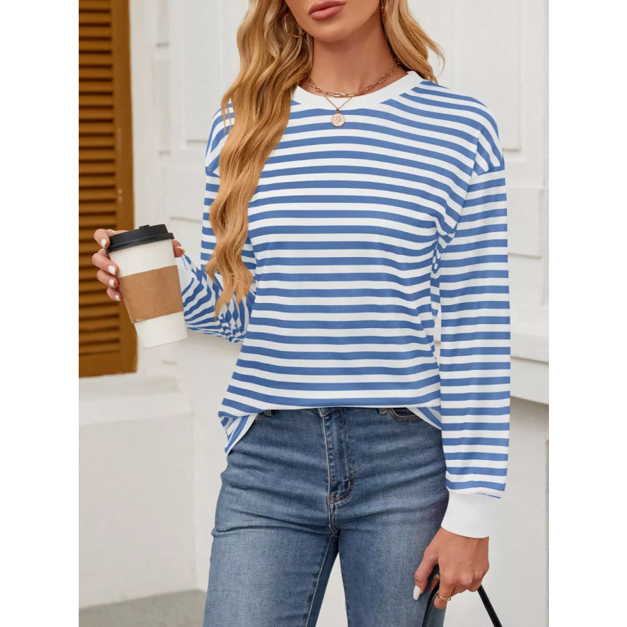 Striped Long Sleeve Casual T-Shirt Light Blue / S Apparel and Accessories