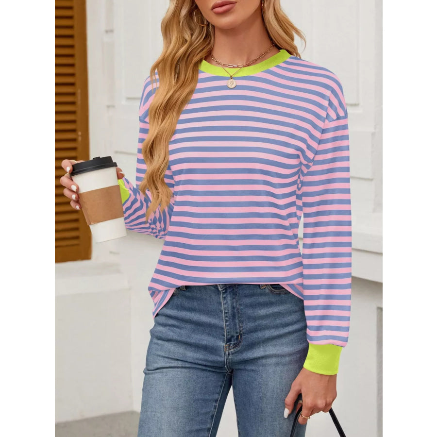 Striped Long Sleeve Casual T-Shirt Pink Purple / S Apparel and Accessories