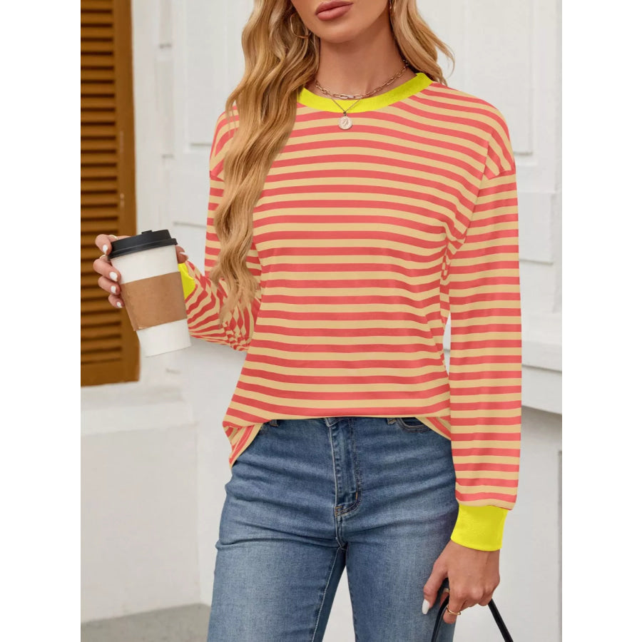 Striped Long Sleeve Casual T-Shirt Sherbet / S Apparel and Accessories