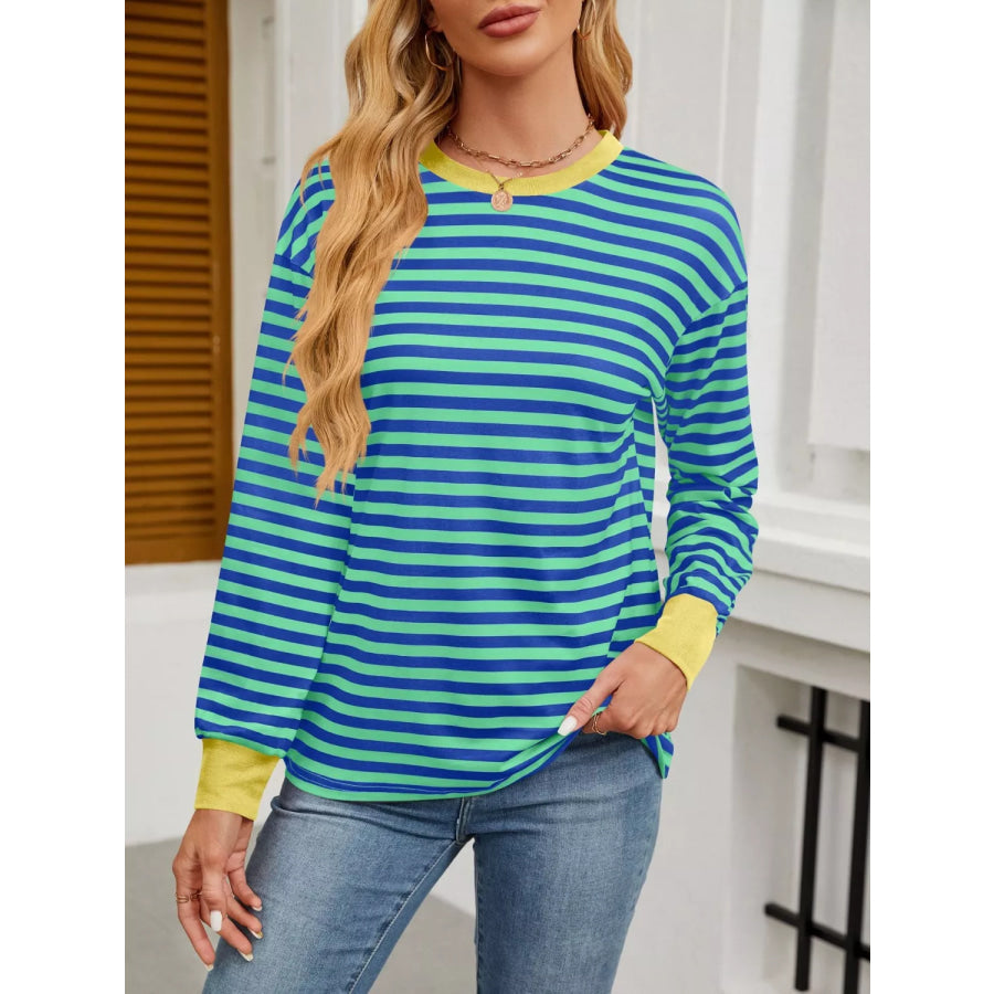 Striped Long Sleeve Casual T-Shirt Teal / S Apparel and Accessories