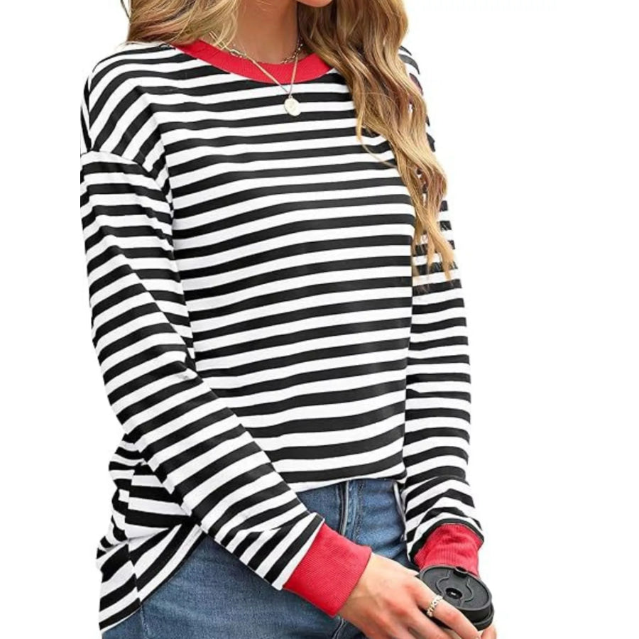 Striped Long Sleeve Casual T-Shirt White / S Apparel and Accessories