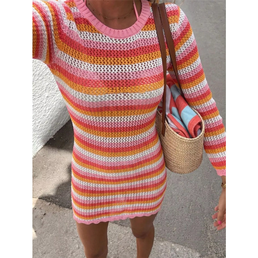 Striped Long Sleeve Crochet Knit Dress Apparel and Accessories