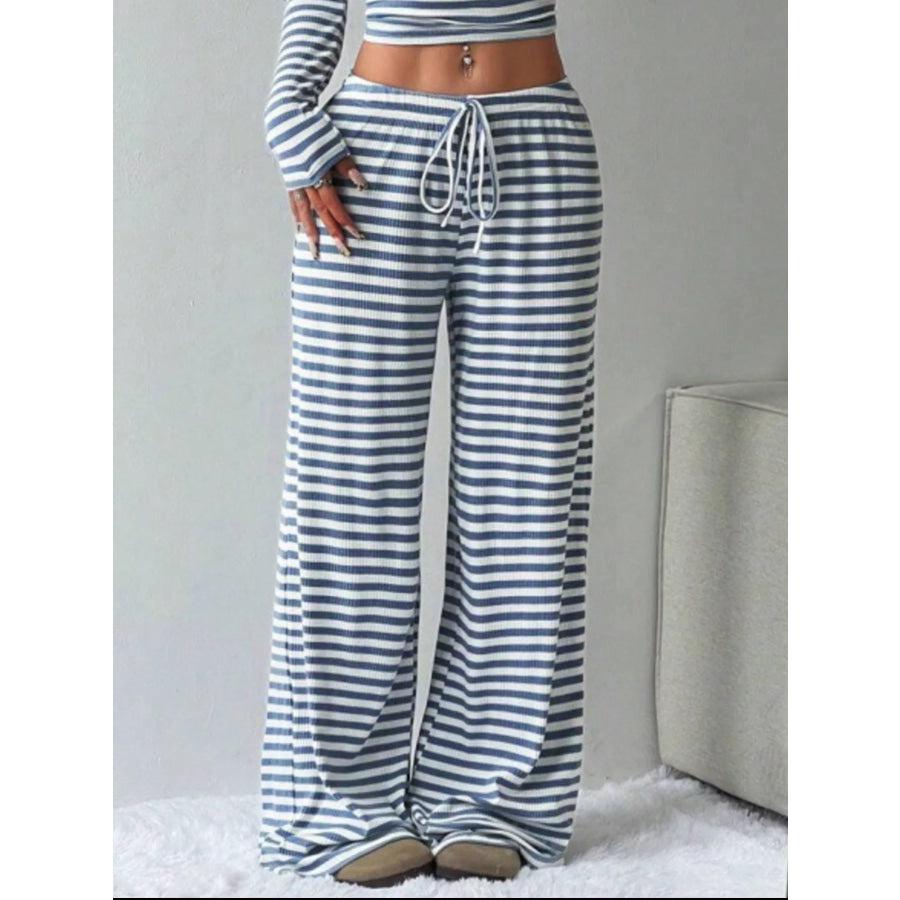 Striped Long Sleeve Crop Top and Wide Leg Pants Set Apparel Accessories