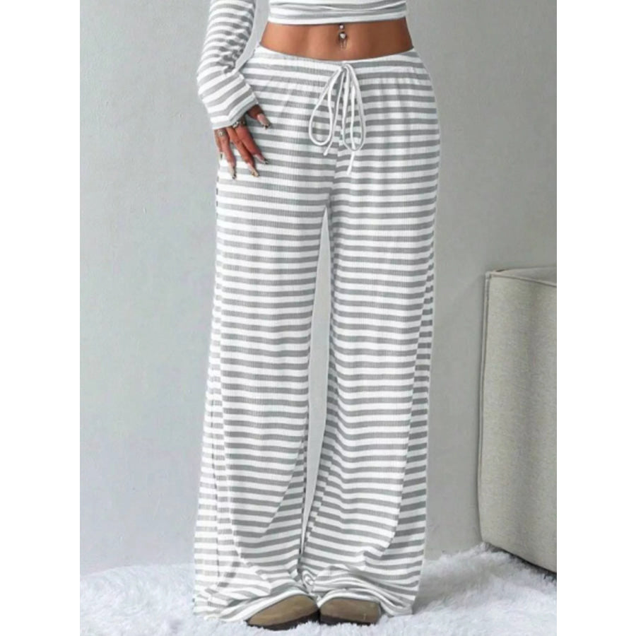 Striped Long Sleeve Crop Top and Wide Leg Pants Set Apparel Accessories