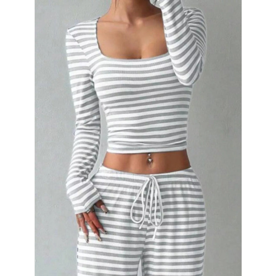 Striped Long Sleeve Crop Top and Wide Leg Pants Set Apparel Accessories