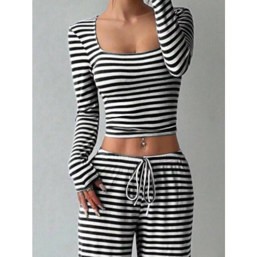 Striped Long Sleeve Crop Top and Wide Leg Pants Set Apparel Accessories