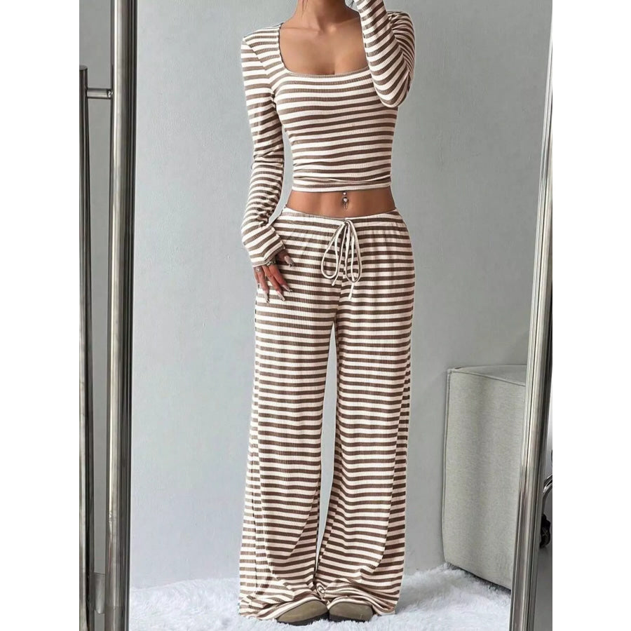 Striped Long Sleeve Crop Top and Wide Leg Pants Set Apparel Accessories