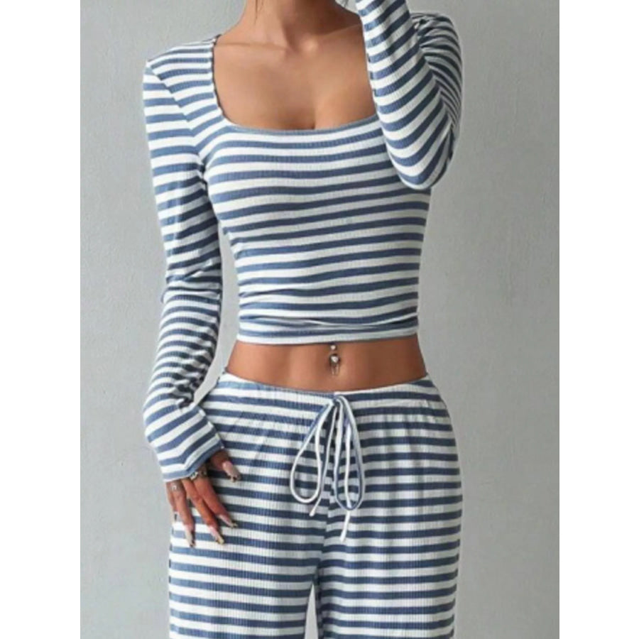 Striped Long Sleeve Crop Top and Wide Leg Pants Set Apparel Accessories