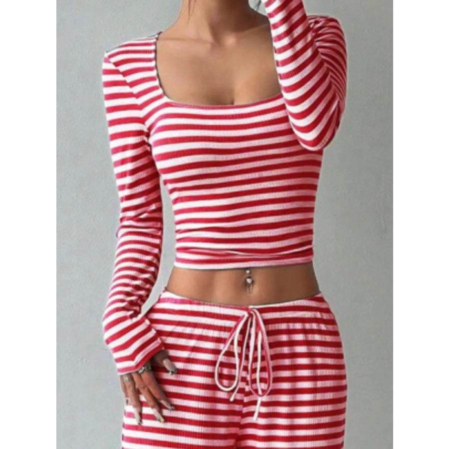 Striped Long Sleeve Crop Top and Wide Leg Pants Set Apparel Accessories