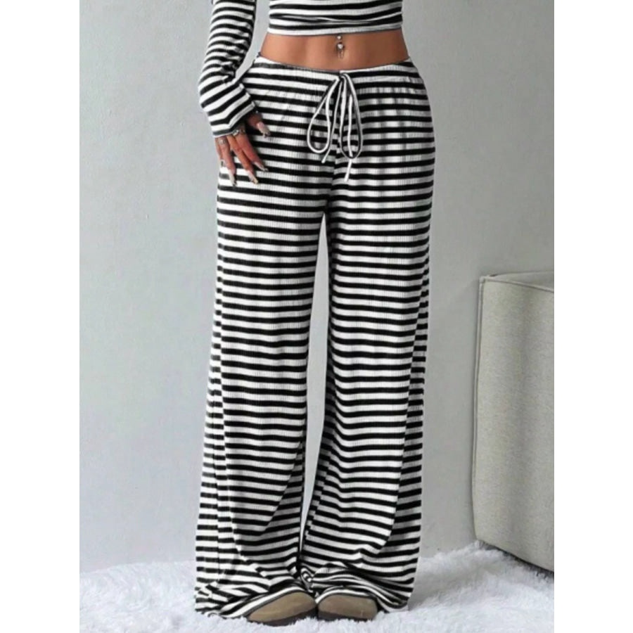 Striped Long Sleeve Crop Top and Wide Leg Pants Set Apparel Accessories