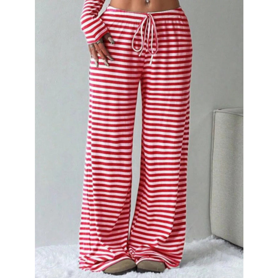 Striped Long Sleeve Crop Top and Wide Leg Pants Set Apparel Accessories