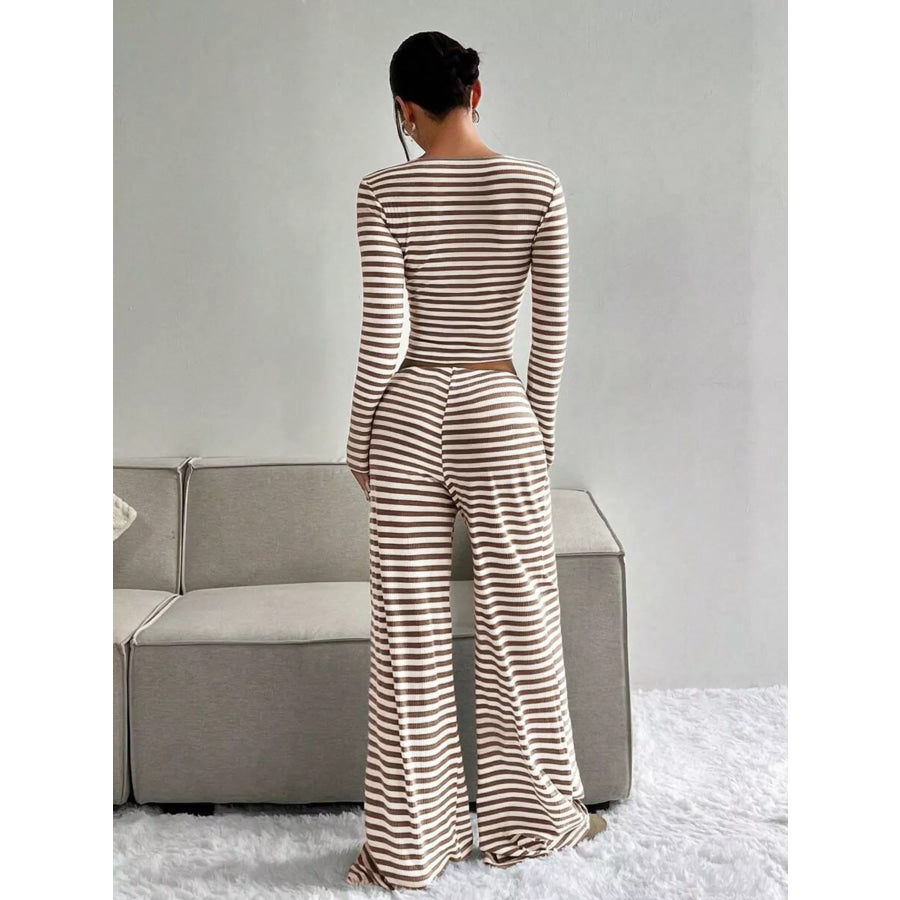 Striped Long Sleeve Crop Top and Wide Leg Pants Set Apparel Accessories