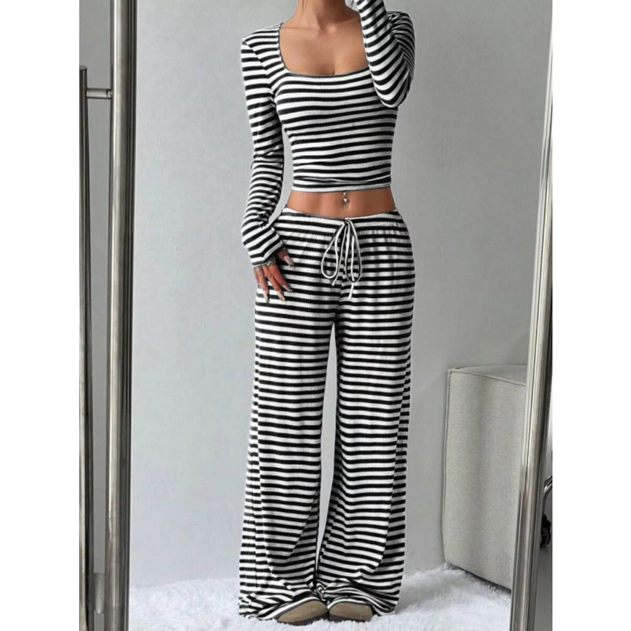 Striped Long Sleeve Crop Top and Wide Leg Pants Set Black / S Apparel Accessories