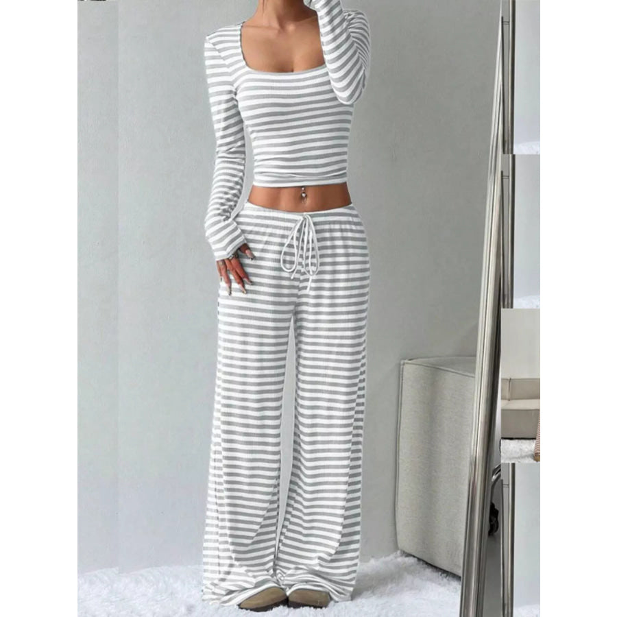 Striped Long Sleeve Crop Top and Wide Leg Pants Set Light Gray / S Apparel Accessories