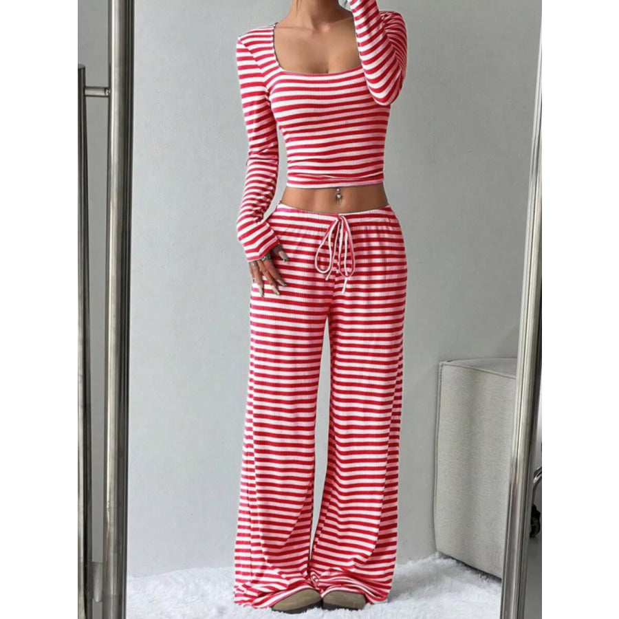 Striped Long Sleeve Crop Top and Wide Leg Pants Set Red / S Apparel Accessories
